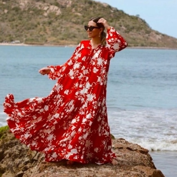 JOHANNA ORTIZ x H&M Voluminous Satin Maxi Dress in Red/Wild Roses - Picture 12 of 16